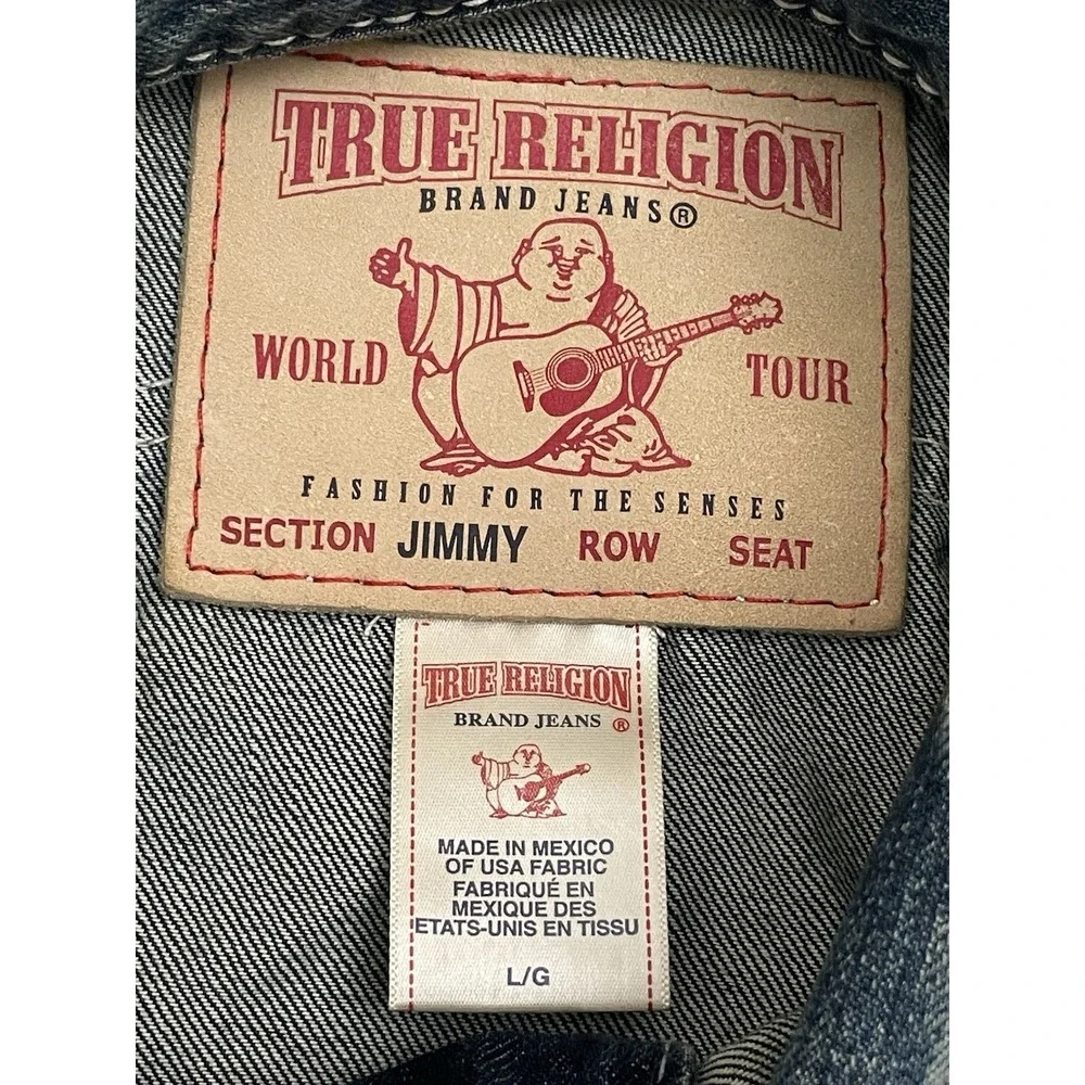 True Religion Jimmy Denim Trucker Jacket L Embroidered Thick Stitch Flap Pockets